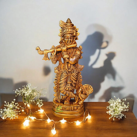 Brass Krishna Statue | Aesthetic Religious Idol for Festive Blessings | Handmade Brass Krishna Idol Showpiece ( Yellow, 7.5 inch)