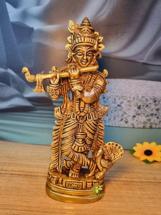 Brass Krishna Statue | Aesthetic Religious Idol for Festive Blessings | Handmade Brass Krishna Idol Showpiece ( Yellow, 7.5 inch)