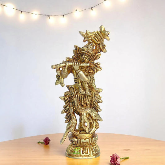 Brass Lord Krishna Idol | Beautiful Divine Idol for Festival and Home Decor | Divine Brass Krishna Murti ( Yellow, 5.5 inch)