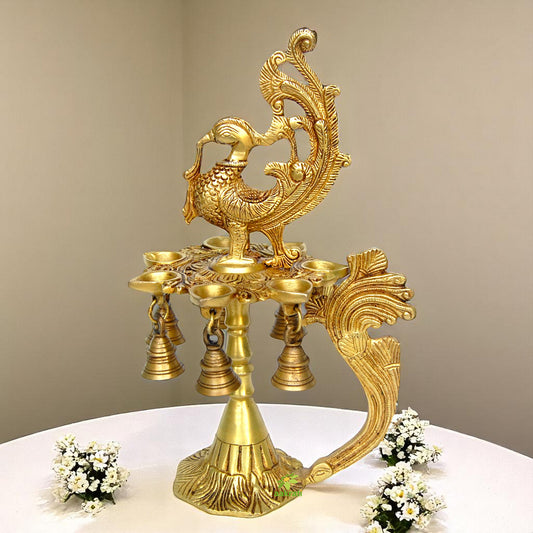 Vintage Brass Bird Oil Lamp | Decorative Antique Diya Stand for Sacred and Spiritual Spaces | Antique Religious Brass Diya With Bell ( Yellow, 13 inch)