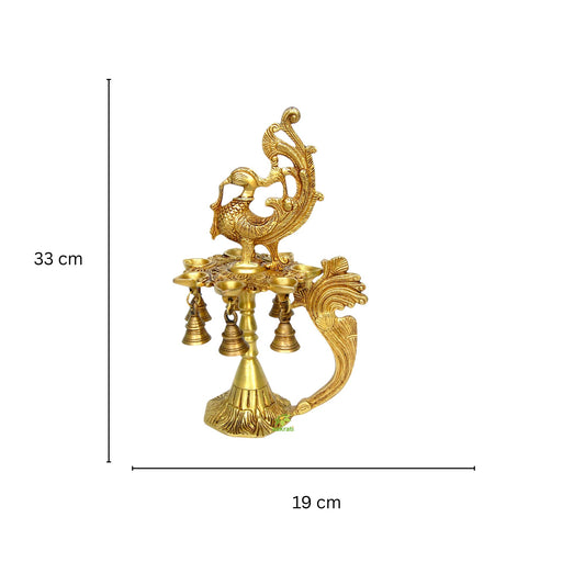 Vintage Brass Bird Oil Lamp | Decorative Antique Diya Stand for Sacred and Spiritual Spaces | Antique Religious Brass Diya With Bell ( Yellow, 13 inch)