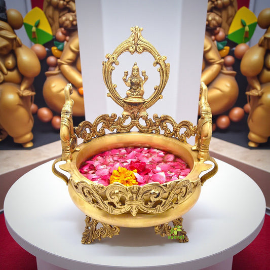 Flower pot with Goddess Lakshmi Idol gold Brass Hand Carved Urli