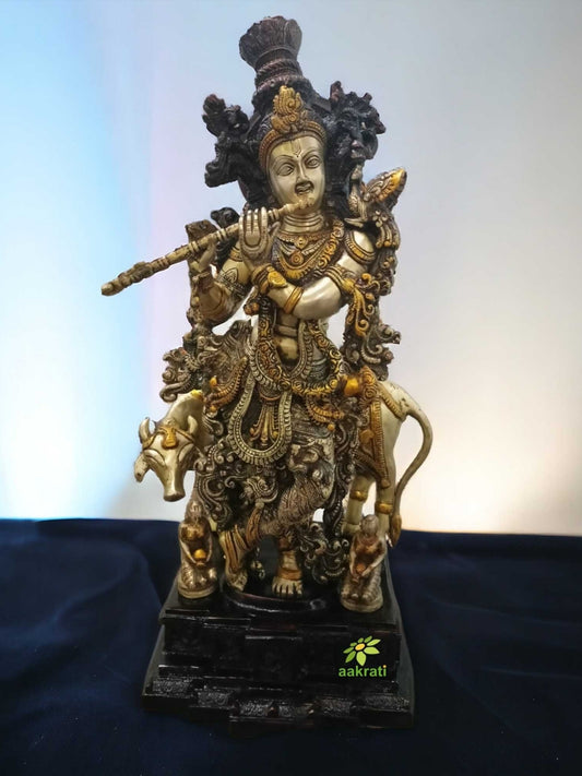 Magnificent Brass Large Lord Krishna with cow 28 inch Tall Home temple statue Wedding Gift Hindu God
