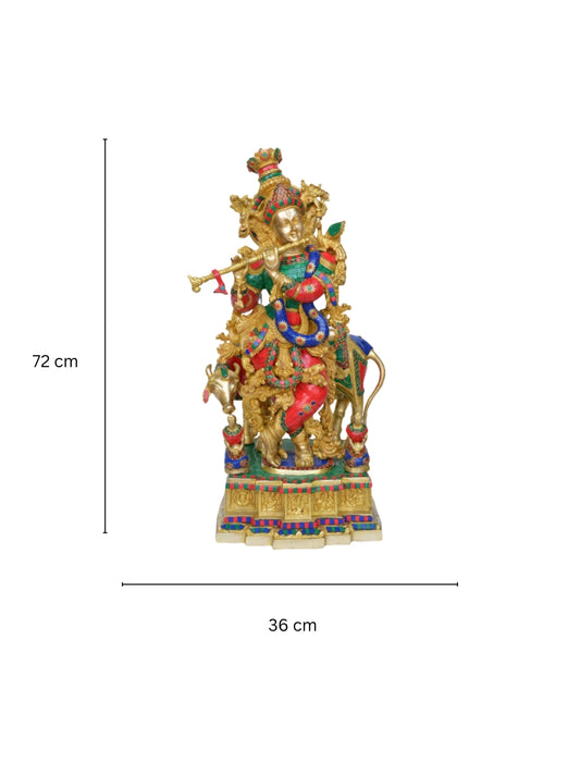 Brass Krishna Statue with Cow Large 72 cm Big with Stonework Temple Mandir Altar Hindu Religious Home Office Decor