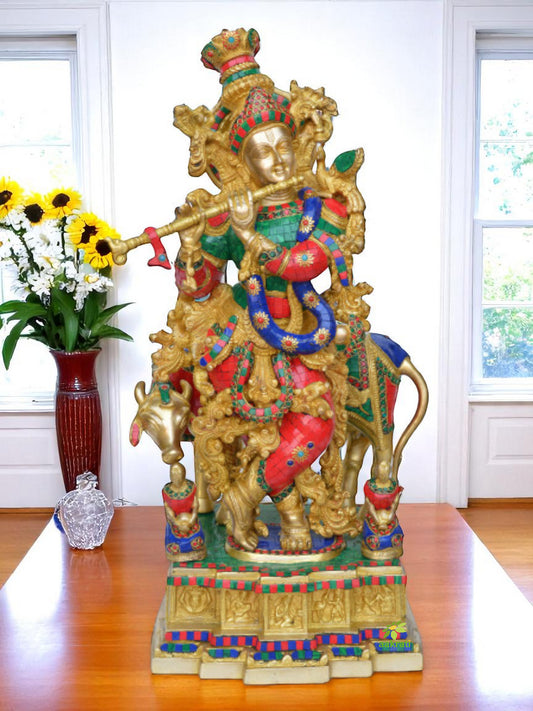 Brass Krishna Statue with Cow Large 72 cm Big with Stonework Temple Mandir Altar Hindu Religious Home Office Decor