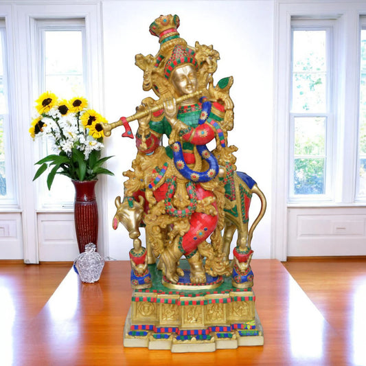 Brass Krishna Statue with Cow Large 72 cm Big with Stonework Temple Mandir Altar Hindu Religious Home Office Decor