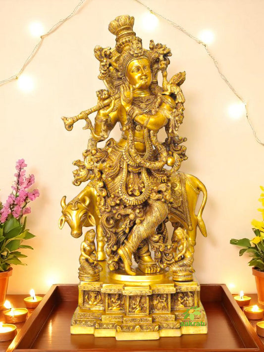 Lord Krishna with Cow decortive Brass Made statue
