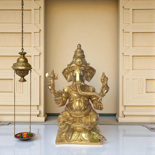 Blessing Ganesha Brass Sculpture In yellow Finish