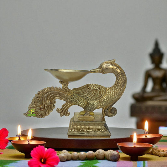 Brass Decorative Paecock Bird Oil Lamp Showpiece