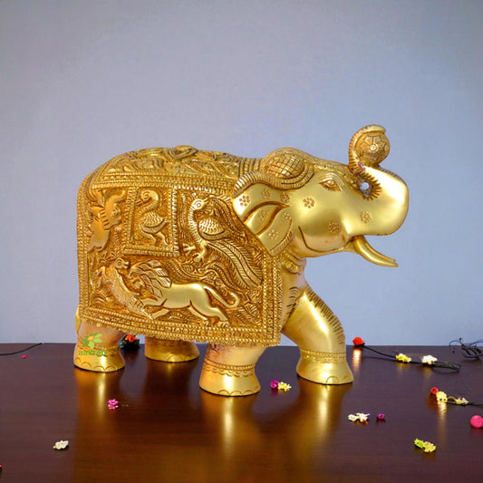 Royal Brass Elephant animal Decorative Statue with engraved figures