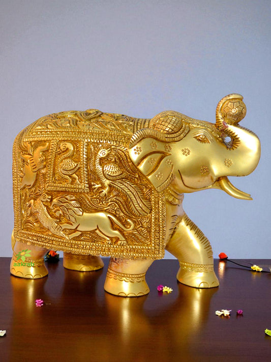 Royal Brass Elephant animal Decorative Statue with engraved figures