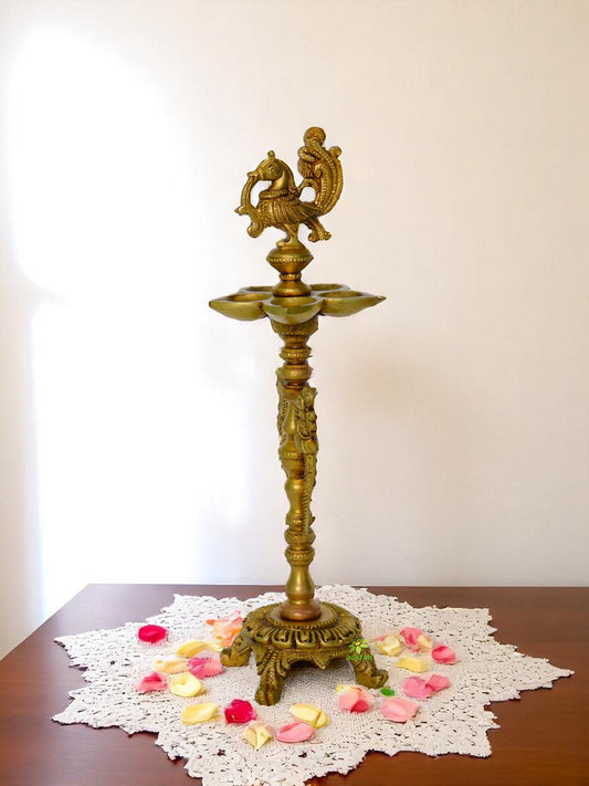 Brass Floor Oil Lamp with Bird Figure on Top with Carving