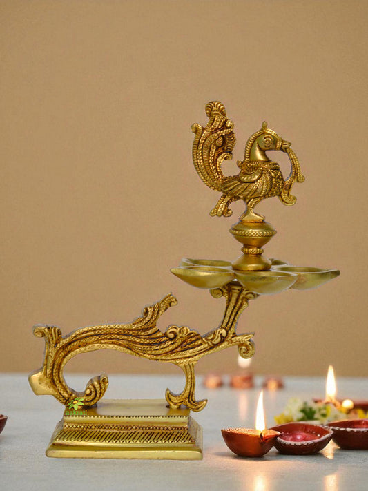 Ethnic Indian Design Peacock Diya - 19 Cms | Home Decor |Brass Diya | Brass Deepam | Brass Lamps | Kuthu Vilakku | Table Decoration | Diwali Gifts | Aarti Decor