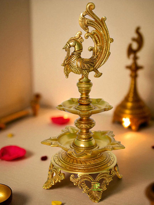 Aakrati Brass Decorative Showpiece Oil Lamp with Peacock - Table Diya Stand - Indian Religious Metal Craft for Gift and Decor