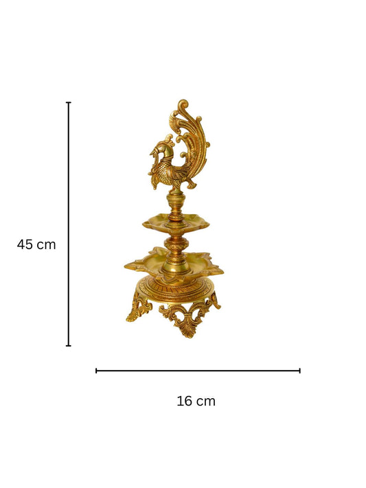 Aakrati Brass Decorative Showpiece Oil Lamp with Peacock - Table Diya Stand - Indian Religious Metal Craft for Gift and Decor