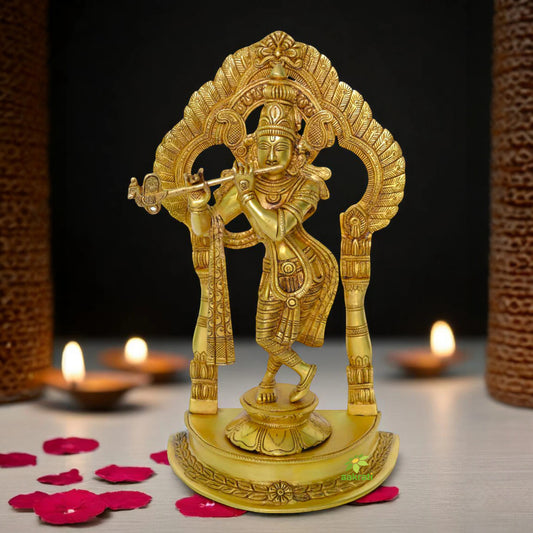 Krishna Decorative Statue with frame in Brass with Antique Finish