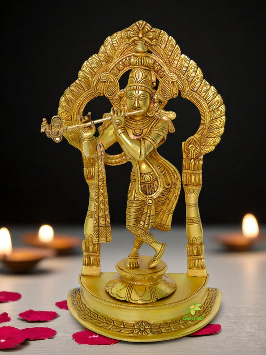 Krishna Decorative Statue with frame in Brass with Antique Finish