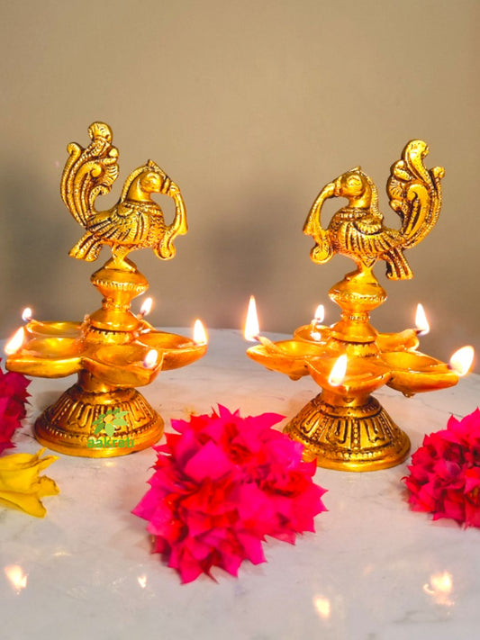 Aakrati Brass Peacock Oil Lamp Pair of Five Wicks for Decor and Worship Decorative Bird Metal Lamp (Pack of 2)
