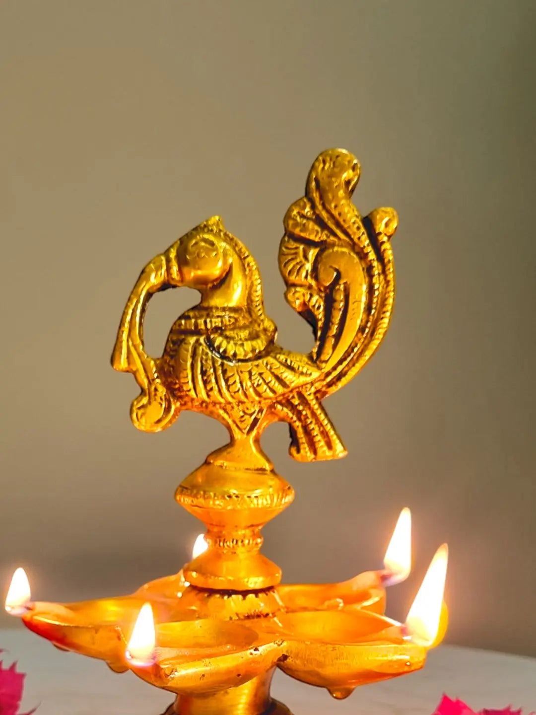 Aakrati Brass Peacock Oil Lamp Pair of Five Wicks for Decor and Worship Decorative Bird Metal Lamp (Pack of 2) Aakrati