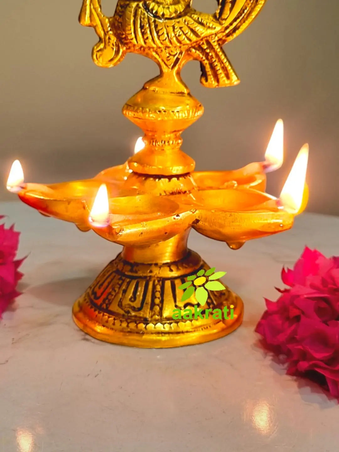 Aakrati Brass Peacock Oil Lamp Pair of Five Wicks for Decor and Worship Decorative Bird Metal Lamp (Pack of 2) Aakrati