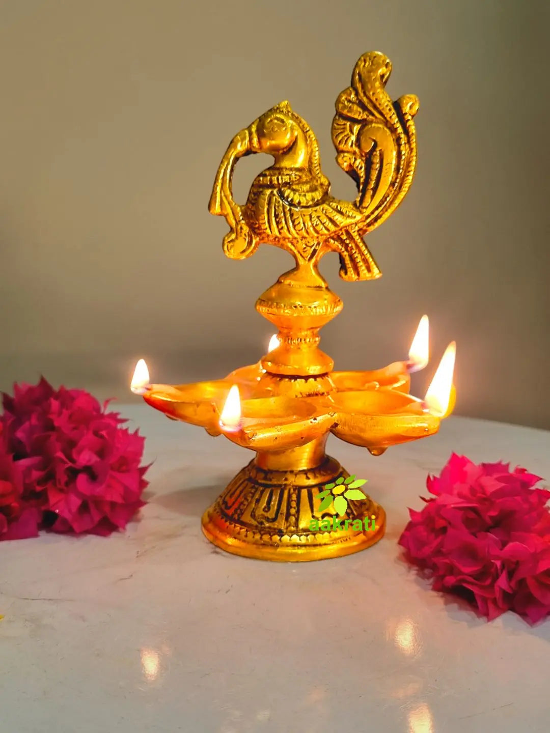 Aakrati Brass Peacock Oil Lamp Pair of Five Wicks for Decor and Worship Decorative Bird Metal Lamp (Pack of 2) Aakrati