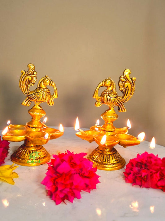 Aakrati Brass Peacock Oil Lamp Pair of Five Wicks for Decor and Worship Decorative Bird Metal Lamp (Pack of 2)