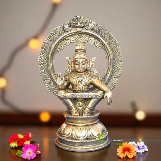 Religious Statue of Lord Ayappa with Frame in Brass Metal for Home