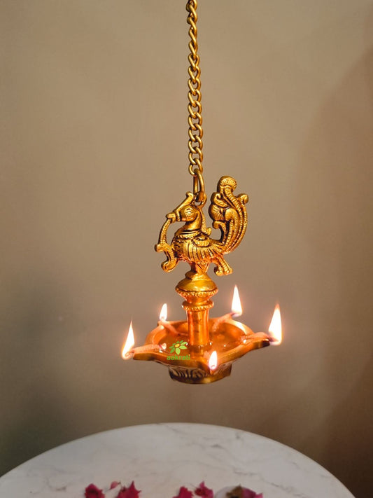 Aakrati Brass Hanging Bird Oil Lamp Decorative Statue in Antique Finish for Home Decoration