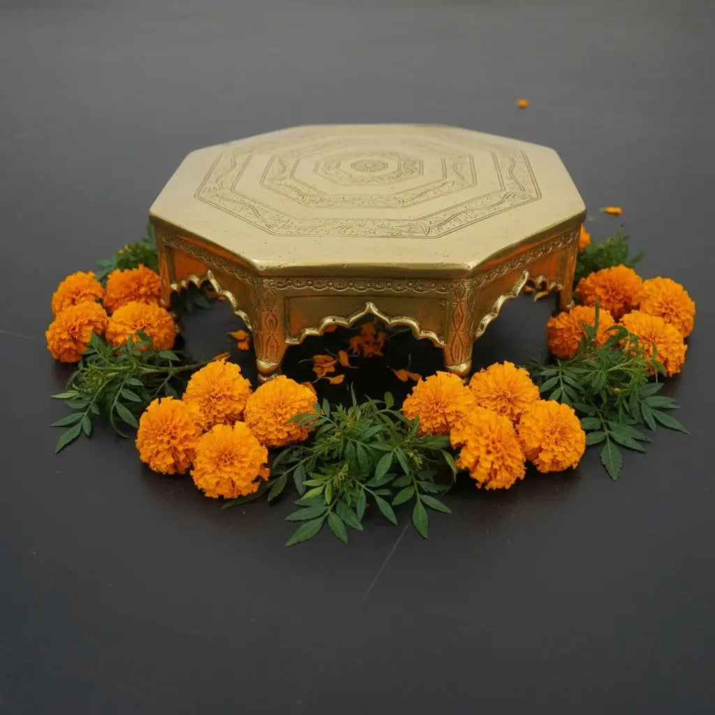 Premium Brass Chowki Stand |Perfect for Pujas and Home Décor | Elegant Brass Octagonal Chowki Stand ( Yellow, 14 inch) Aakrati