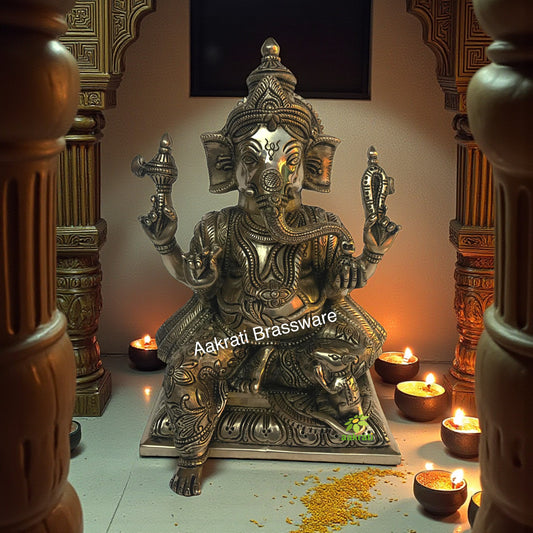 Sitting Lord Ganesha Brass made decorated Statue by Aakrati
