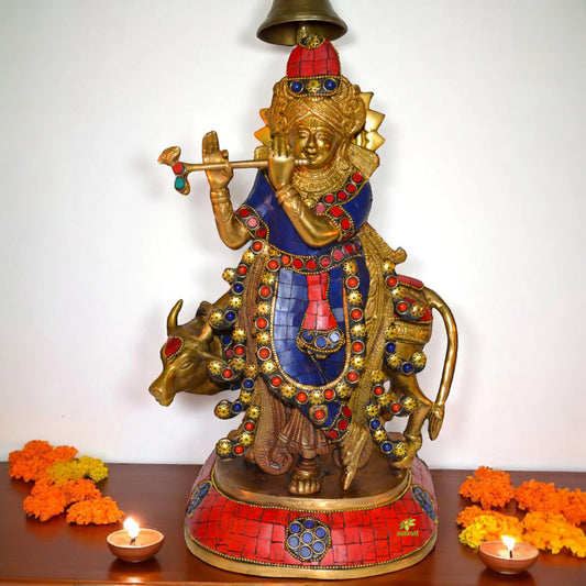 Lord Krishna with a Cow and His Flute in turquoise work - Brass Sculpture
