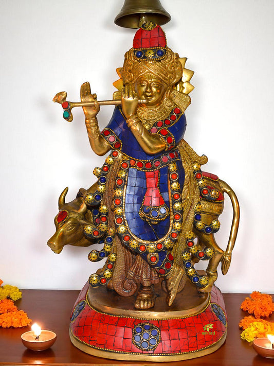 Lord Krishna with a Cow and His Flute in turquoise work - Brass Sculpture
