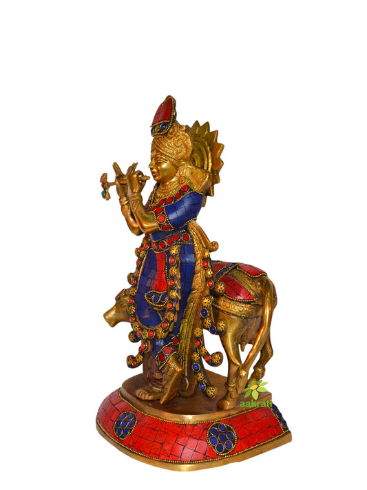 Lord Krishna with a Cow and His Flute in turquoise work - Brass Sculpture