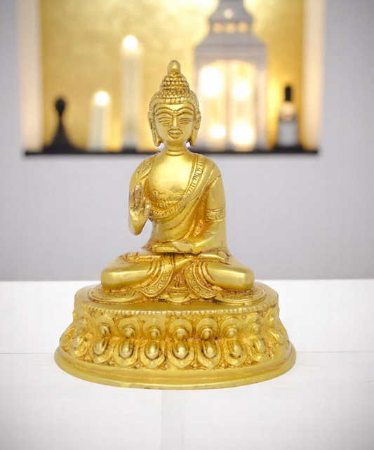 Lord Buddha Sitting on Lotus Decorative Showpiece - 14 cm (Brass, Antique Yellow Finish)