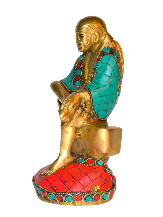 Sitting Sai Baba statue with turquoise coral stone work