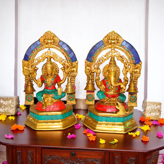 Laxmi Ganesh metal brass statue with small bells