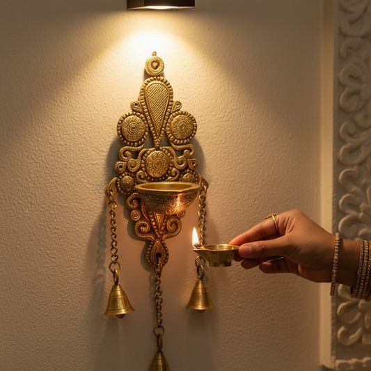 Aakrati Wall Hanging Deepak Also as Candle Stand with Bells Made of Brass Metal - Wall Decor Indian showpiece for Gift -Total Height 11 inch
