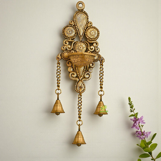 Aakrati Wall Hanging Deepak Also as Candle Stand with Bells Made of Brass Metal - Wall Decor Indian showpiece for Gift -Total Height 11 inch