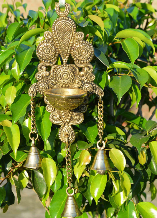Aakrati Wall Hanging Deepak Also as Candle Stand with Bells Made of Brass Metal - Wall Decor Indian showpiece for Gift -Total Height 11 inch
