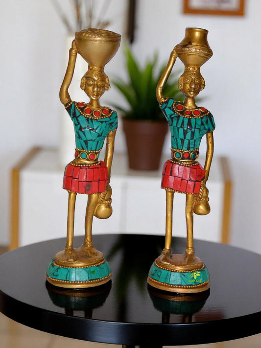 Indian art Showpiece Traditional Tribal Statue of Brass Metal with turquoise Gemstone work Decorative look and handmade Handcrafted Figurines for Home Decor