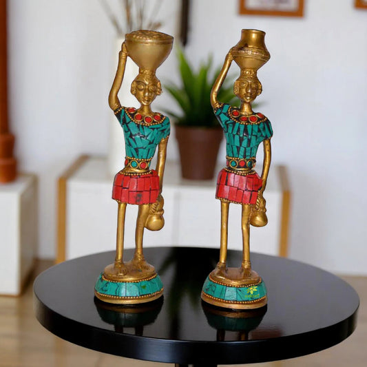 Indian art Showpiece Traditional Tribal Statue of Brass Metal with turquoise Gemstone work Decorative look and handmade Handcrafted Figurines for Home Decor