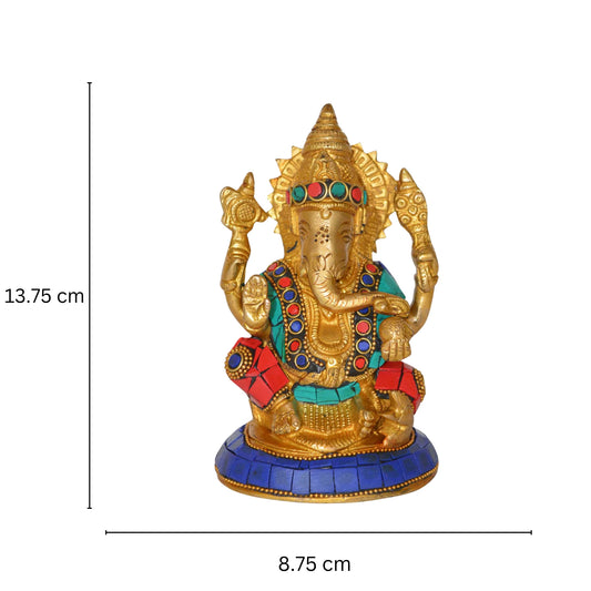 Ganesha figure with stone work - unique metal brass religious murti