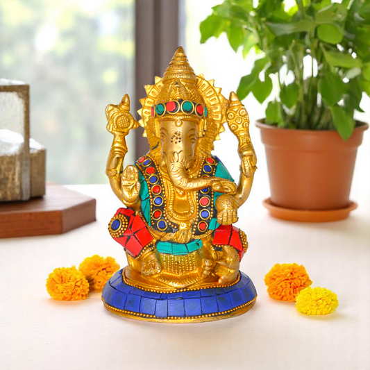 Ganesha figure with stone work - unique metal brass religious murti