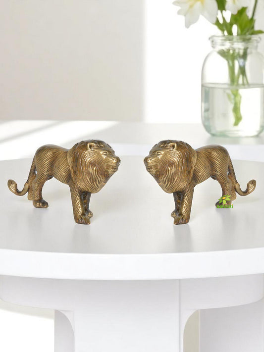 Pair of Animal Statue of Brass of Deorative Lion Metal Figurine for Table Decor / Home Decor / Office Decor Showpiece with Antique Finish. Ulitmate gift for all