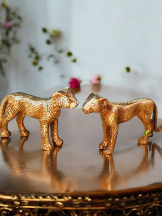 Pair of Tiger Statue of Brass metal Handmade animal figurine Decorative indian bronze look Sculpture with Antique finish Showpiece Gift Item