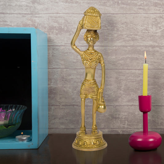Tribal Lady Statue of Brass metal Decorative Showpiece in yellow finish Indian Traditional Metal Figurine for Home Decor and Gift Item