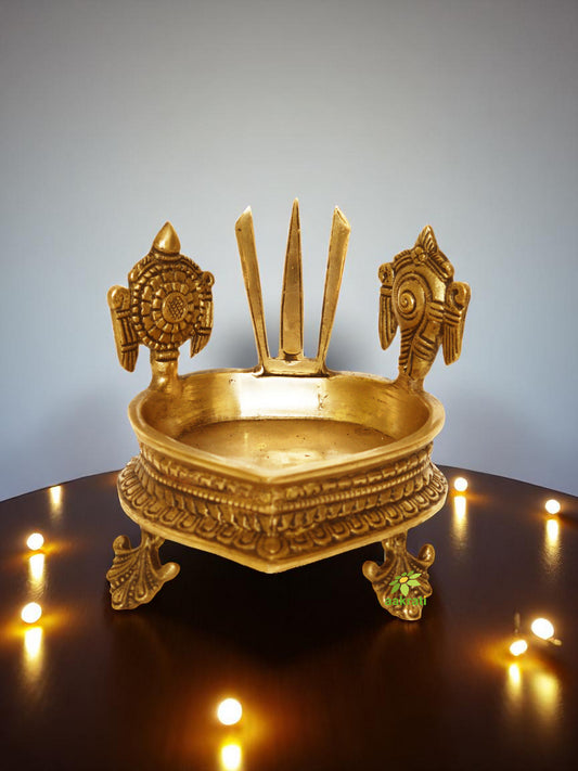 Brass Made Hurli with Sankh Chakra Namah Symbol for Home decor, Hallway Decoration and Gifting with Yellow Finish