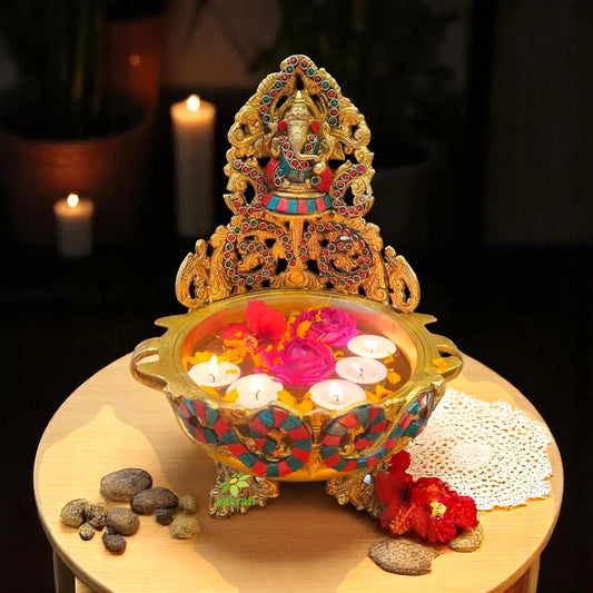 Brass Ganesh Urli Stone Finish Bowl for Home Decor |Antique Stone Finish Ganesha Urli for Floating Flowers & Candles |Vastu Feng Shui Decorative Showpiece & Diwali Gift (Yellow, 12 Inch)