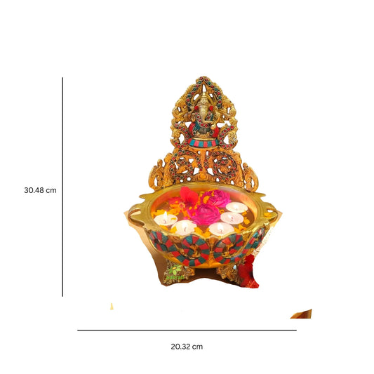Brass Ganesh Urli Stone Finish Bowl for Home Decor |Antique Stone Finish Ganesha Urli for Floating Flowers & Candles |Vastu Feng Shui Decorative Showpiece & Diwali Gift (Yellow, 12 Inch) Aakrati