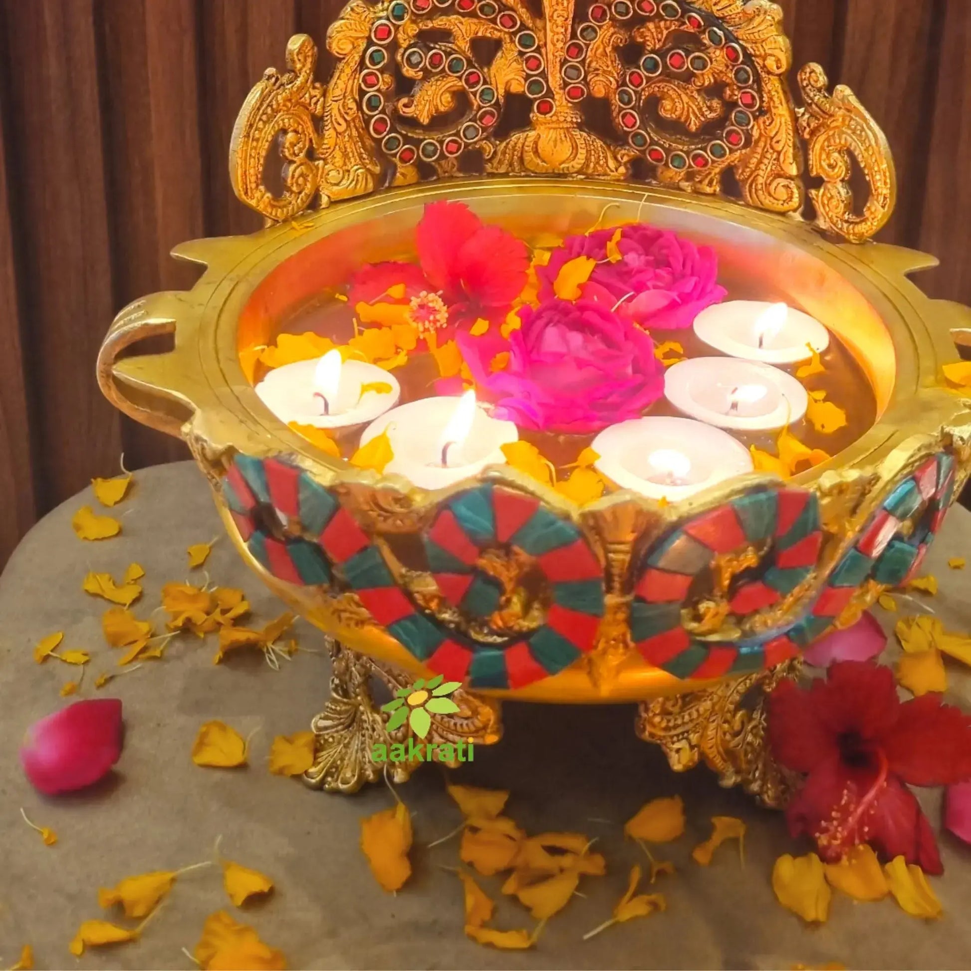 Brass Ganesh Urli Stone Finish Bowl for Home Decor |Antique Stone Finish Ganesha Urli for Floating Flowers & Candles |Vastu Feng Shui Decorative Showpiece & Diwali Gift (Yellow, 12 Inch) Aakrati